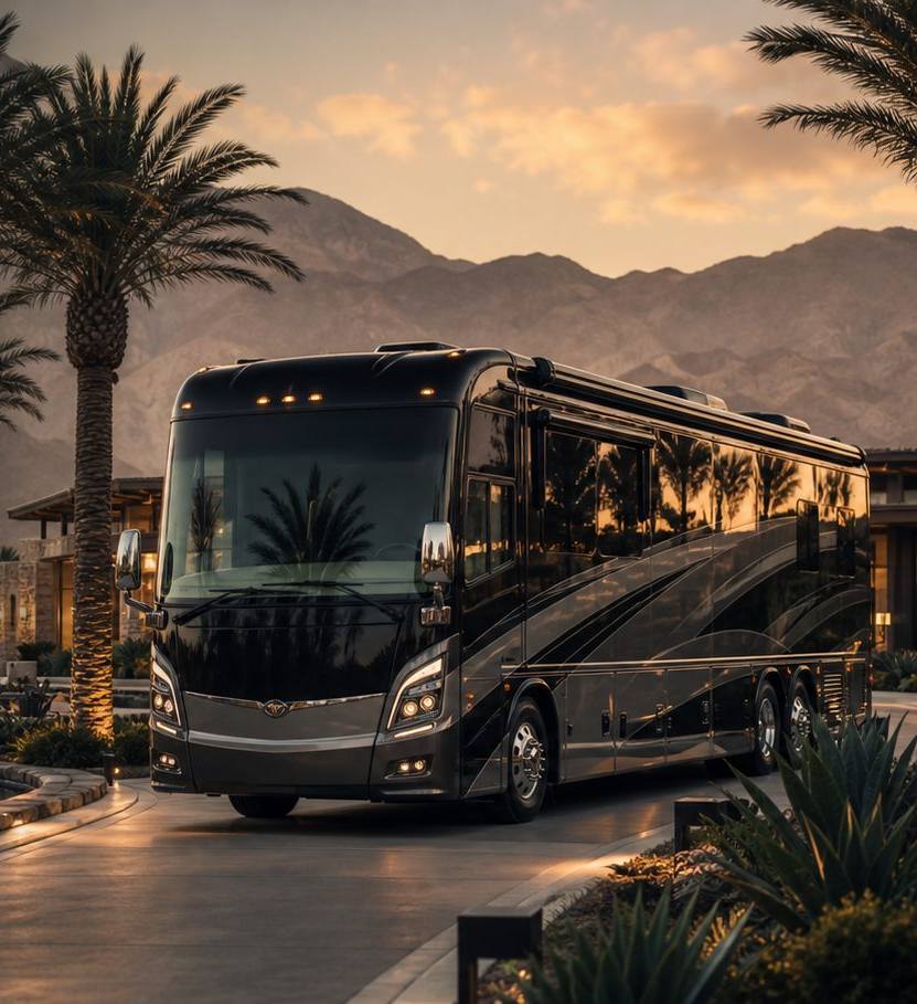 A Class A motorcoach parked at a desert resort at sunset
